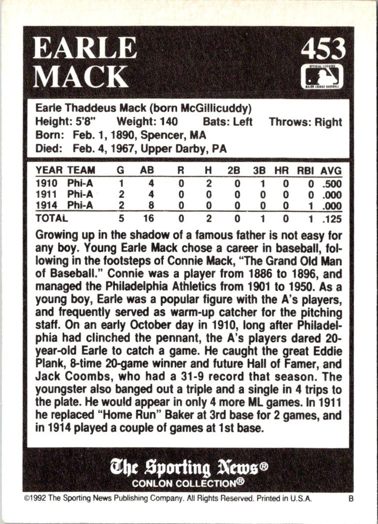 1992 Conlon Collection TSN Earle Mack