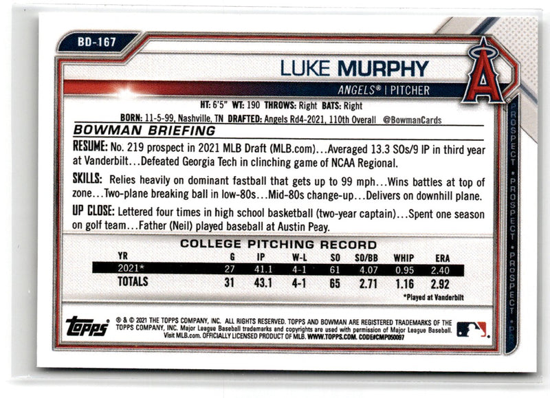 2021 Bowman Draft 1st Edition Luke Murphy