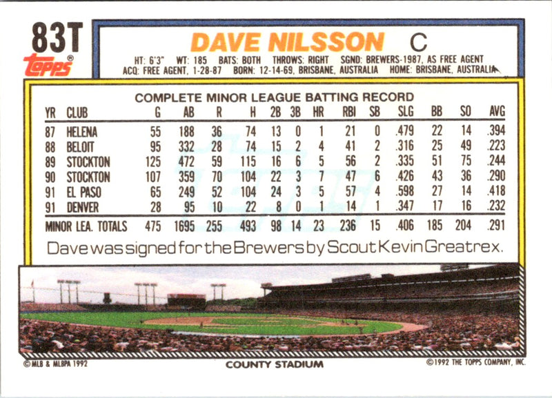 1992 Topps Traded Dave Nilsson