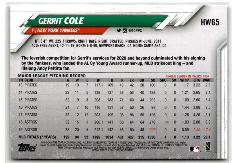 2020 Topps Holiday Metallic Gerrit Cole