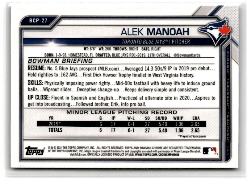 2021 Bowman Draft Chrome Sapphire Alek Manoah