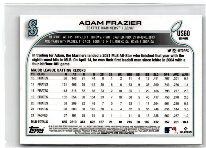 2022 Topps Chrome Update Sapphire Edition Adam Frazier