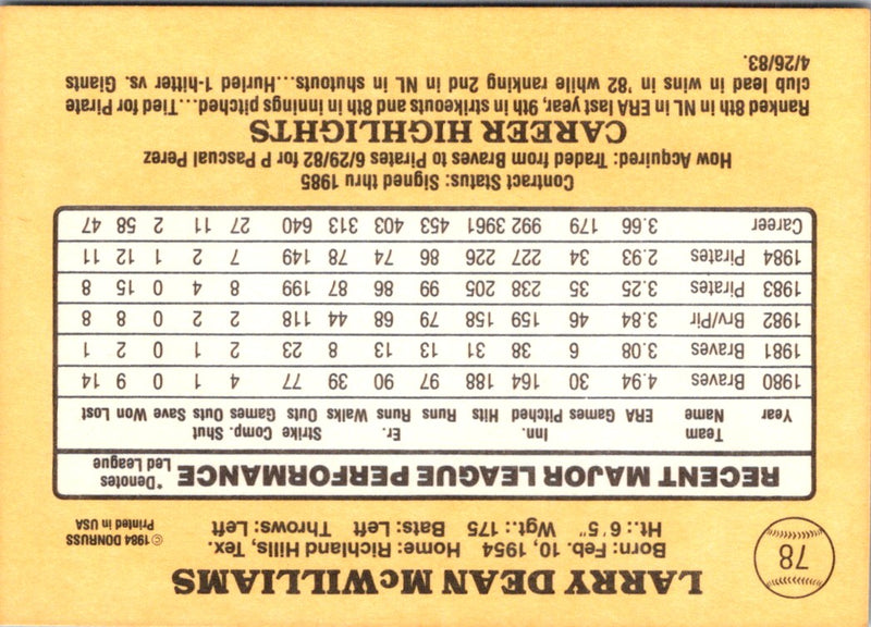 1985 Donruss Larry McWilliams