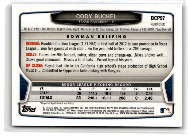 2013 Bowman Chrome Prospects Blue Wave Cody Buckel