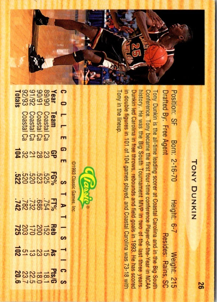 1993 Classic Draft Picks Gold Tony Dunkin