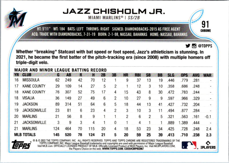 2022 Topps Chrome Jazz Chisholm Jr.