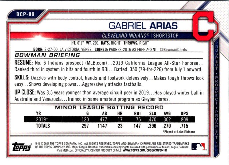 2021 Bowman Chrome Prospects Gabriel Arias