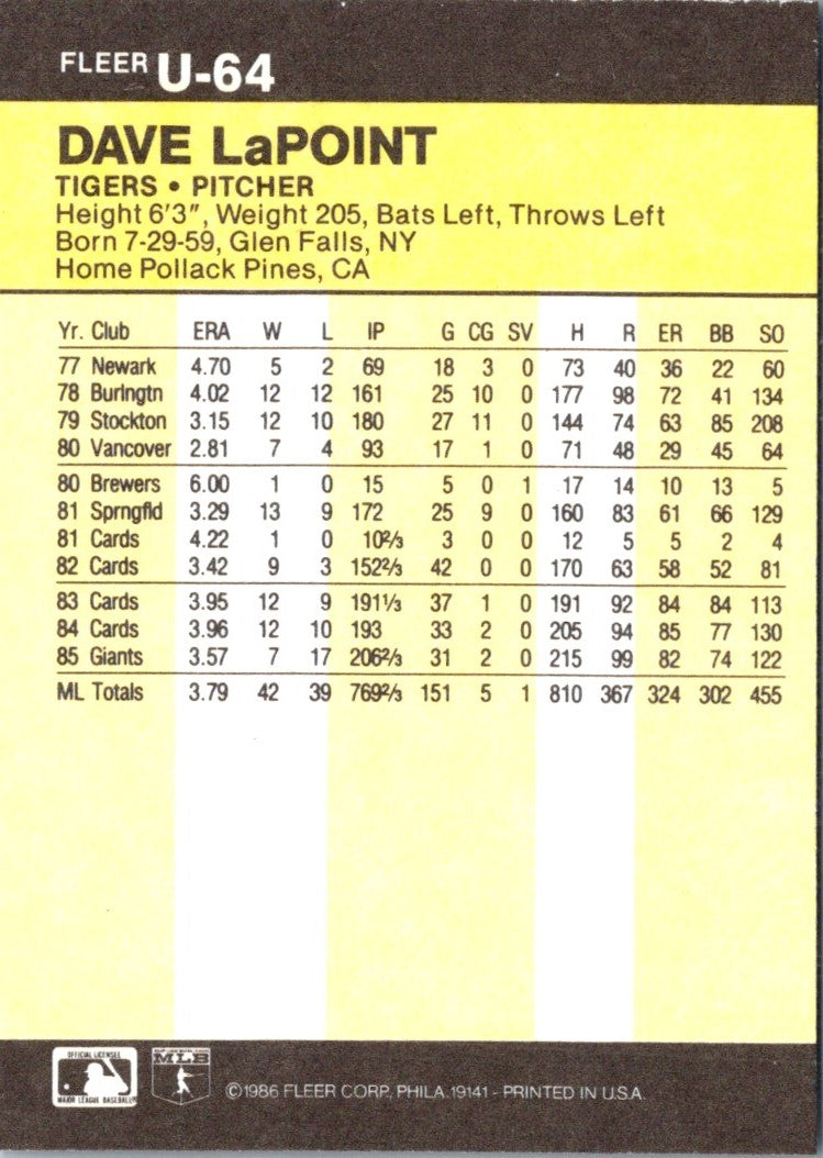 1986 Fleer Update Dave LaPoint