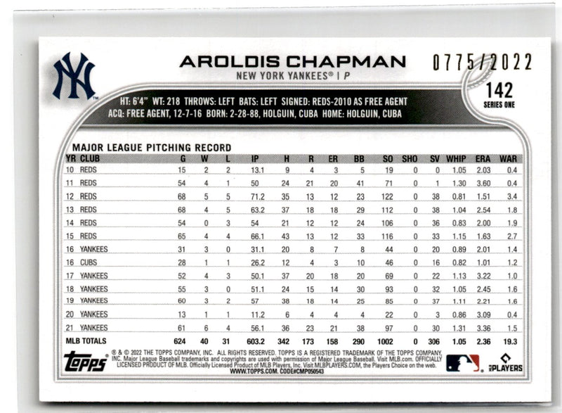 2022 Topps Gold Aroldis Chapman