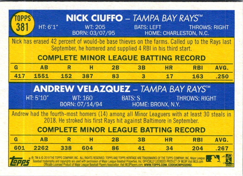 2019 Topps Heritage Andrew Velazquez/Nick Ciuffo