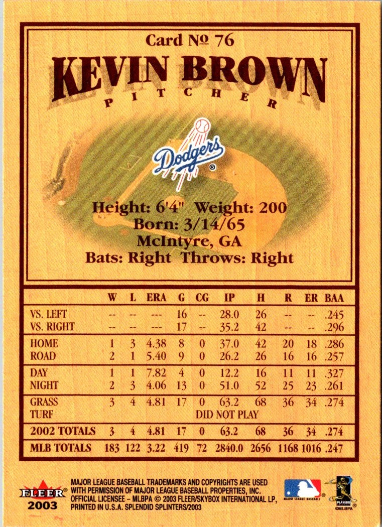 2003 Fleer Splendid Splinters Kevin Brown