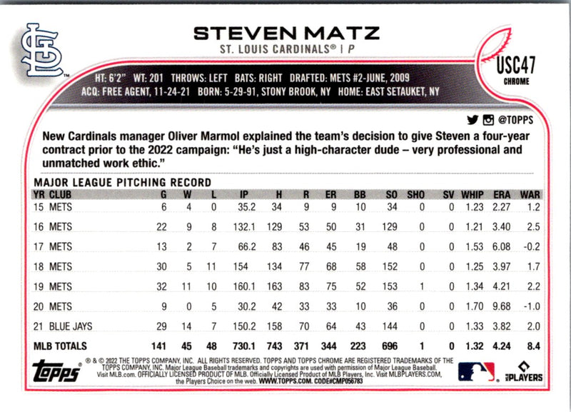 2022 Topps Chrome Update Steven Matz