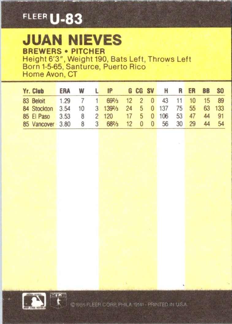 1986 Fleer Update Juan Nieves