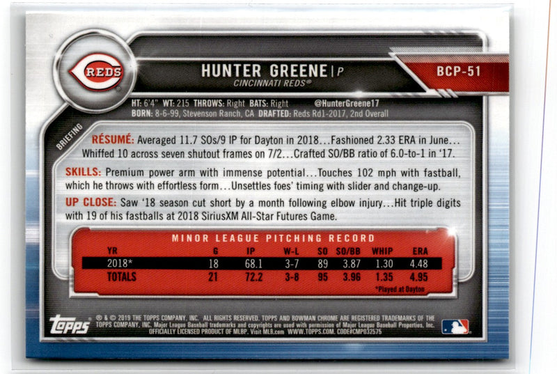 2019 Bowman Chrome Prospects Hunter Greene