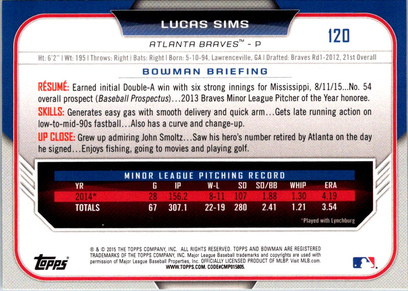 2015 Bowman Draft Picks & Prospects Red Asia Exclusive Lucas Sims