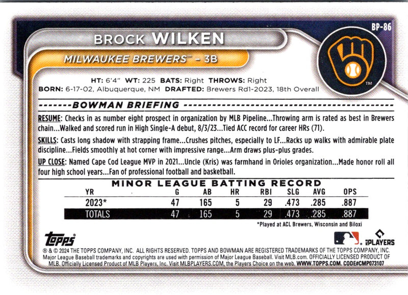 2024 Bowman Prospects Brock Wilken