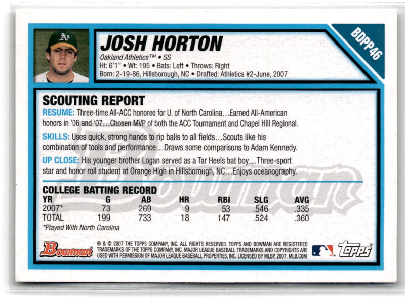 2007 Bowman Draft Picks & Prospects Chrome Josh Horton