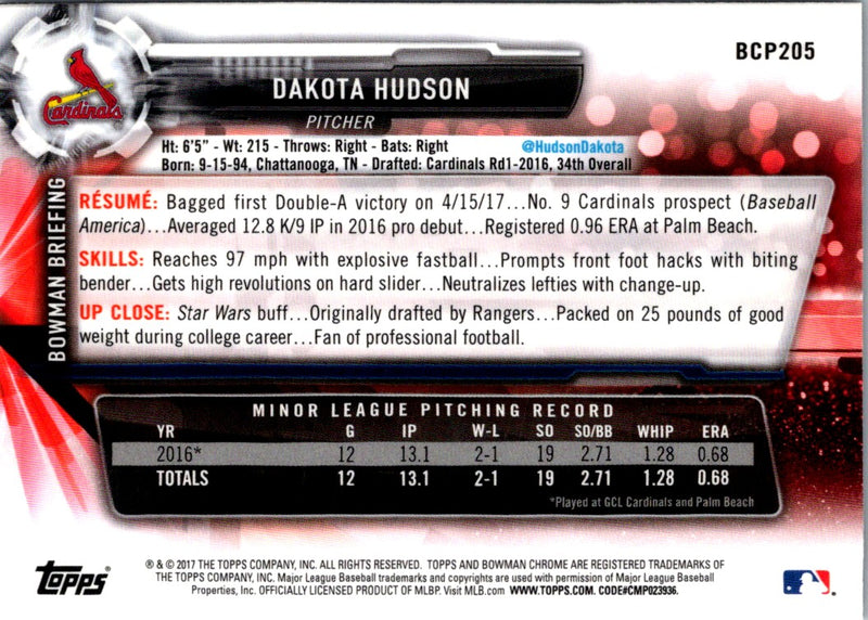 2017 Bowman Chrome Prospects Dakota Hudson