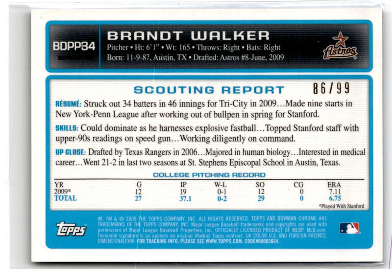 2009 Bowman Draft Picks & Prospects Chrome Blue Refractors Brandt Walker