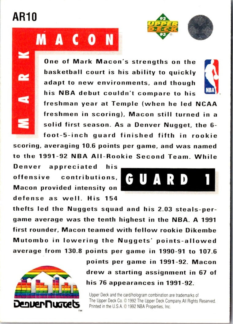 1992 Upper Deck All-Rookie Team Mark Macon