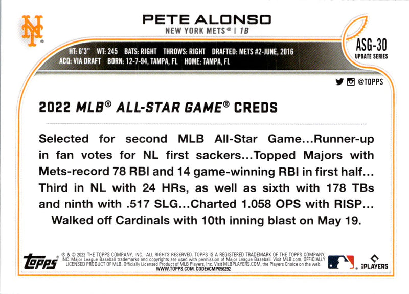 2022 Topps Update 2022 MLB All-Star Game Pete Alonso