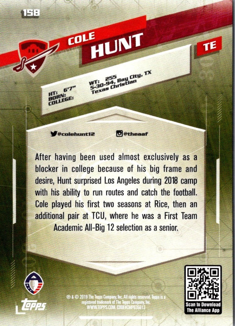 2019 Topps AAF Red Cole Hunt