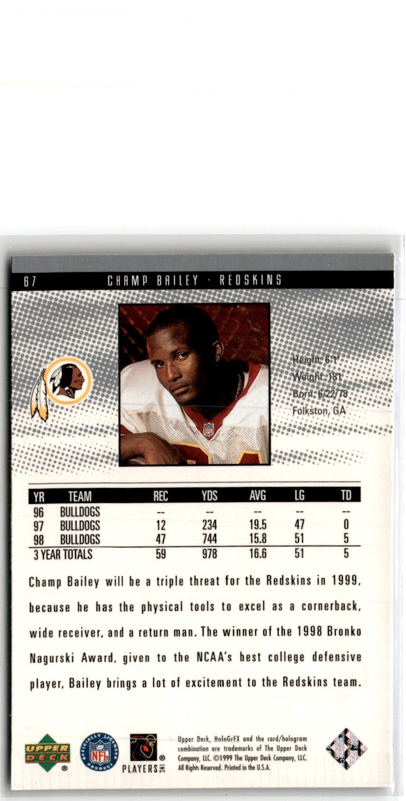 1999 Upper Deck HoloGrFX Champ Bailey