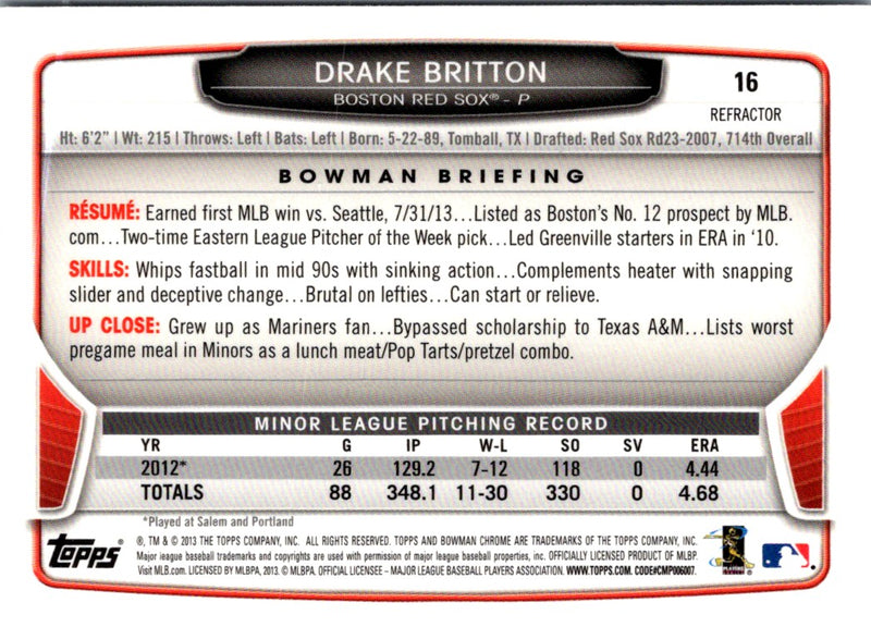 2013 Bowman Draft Picks & Prospects Chrome Drake Britton