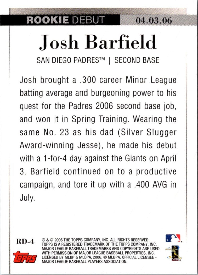 2006 Topps Updates & Highlights Rookie Debut Josh Barfield