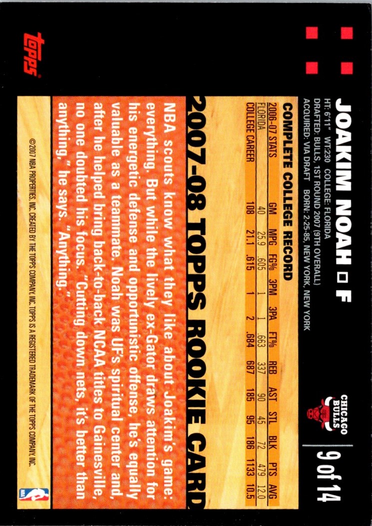 2007 Topps Rookie Set Joakim Noah