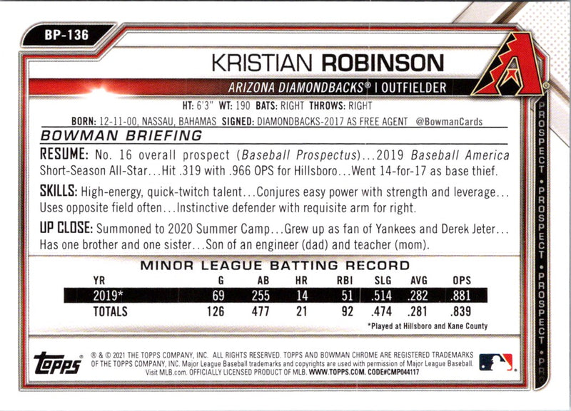 2021 Bowman Prospects Kristian Robinson