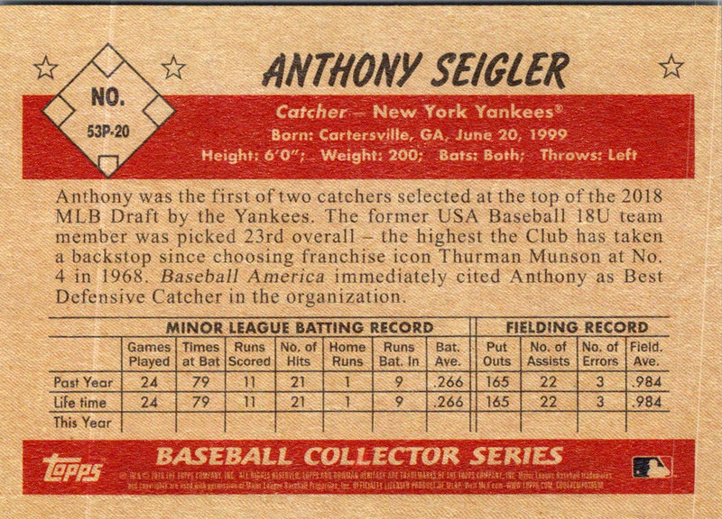 2019 Bowman Heritage Prospects Anthony Seigler