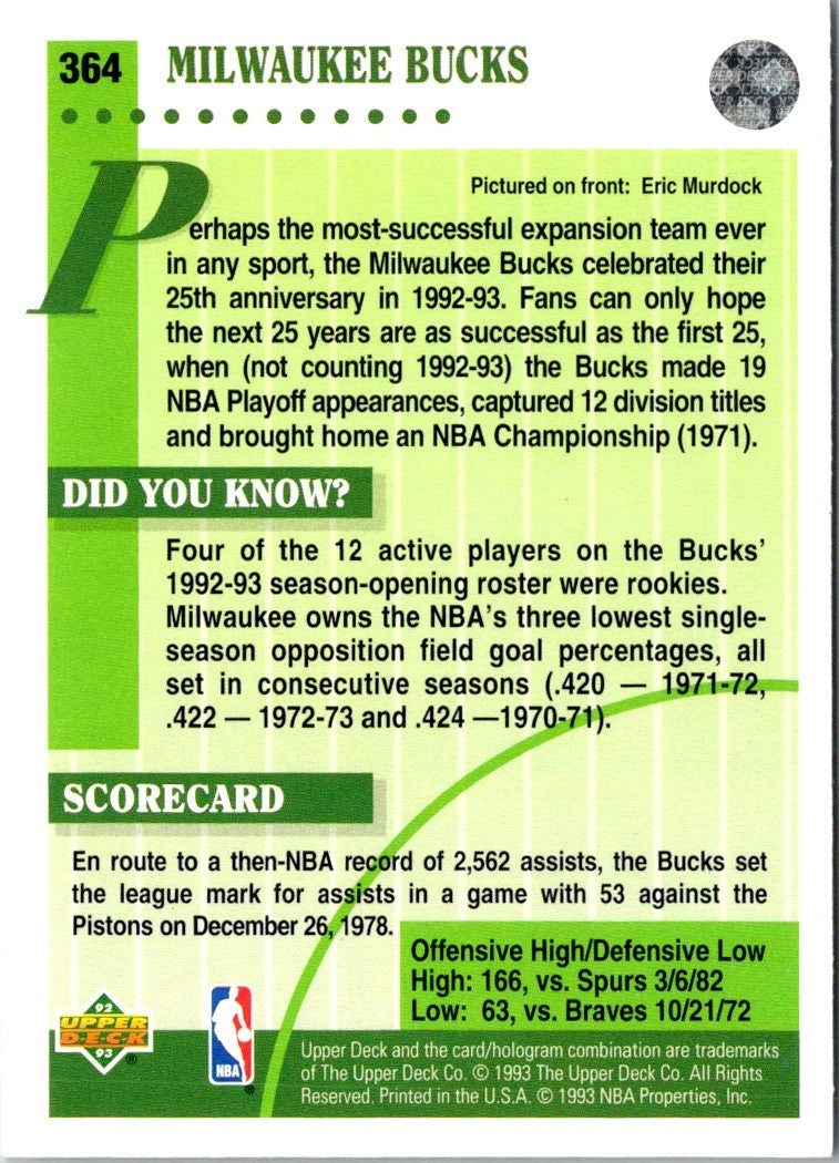 1992 Upper Deck Milwaukee Bucks