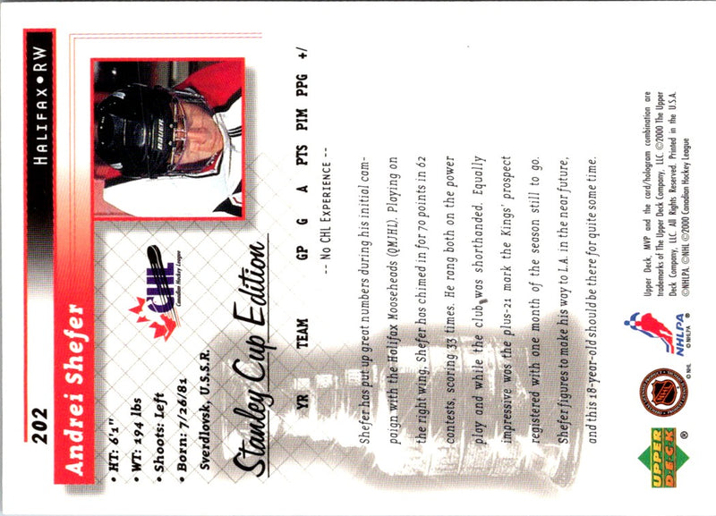 1999 Upper Deck MVP Stanley Cup Andrei Shefer