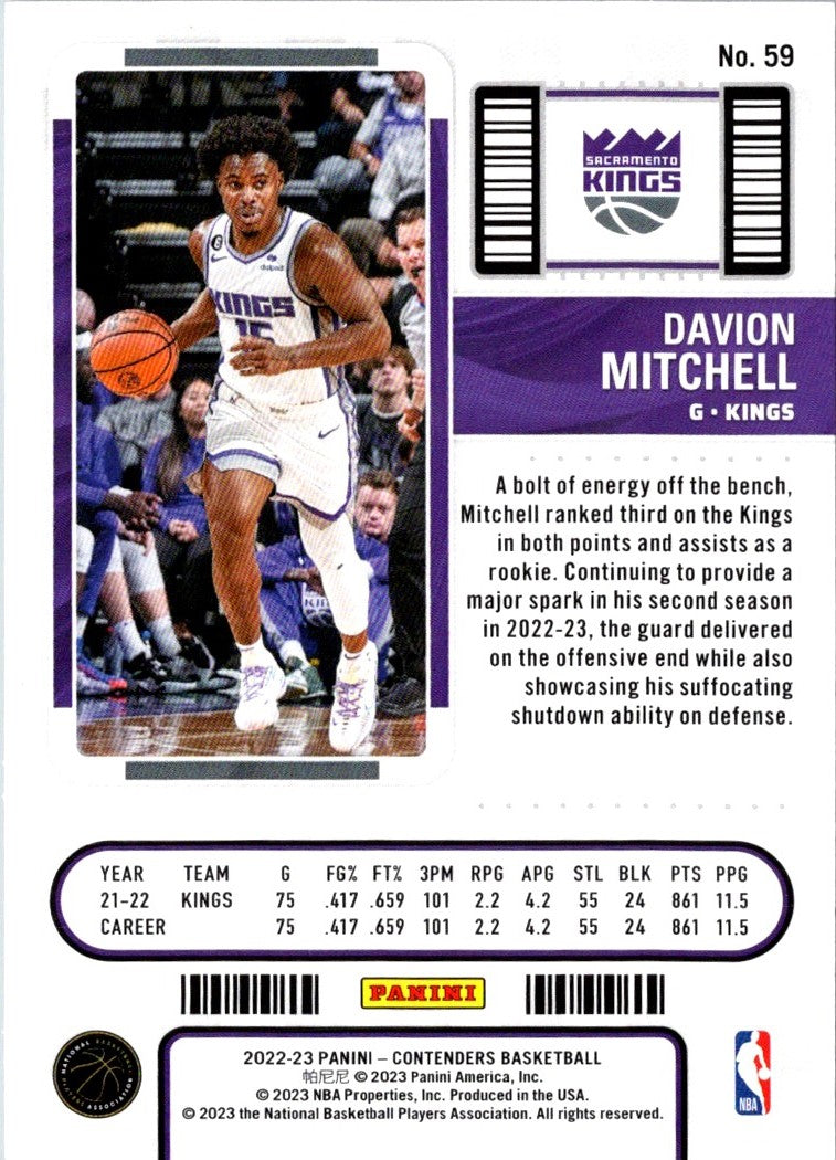 2022 Panini Contenders Season Ticket Davion Mitchell