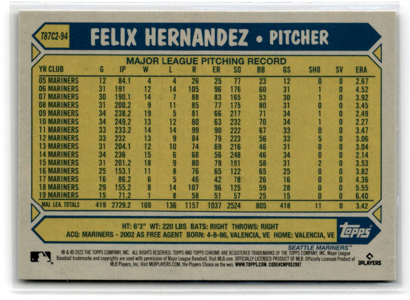 2022 Topps Chrome Platinum Anniversary Gold Prism Refractor Felix Hernandez