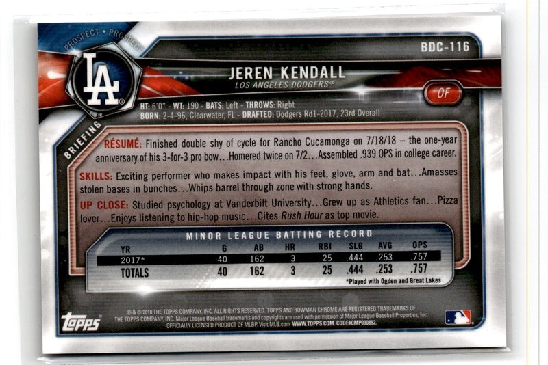 2018 Bowman Draft Chrome Gold Refractor Jeren Kendall