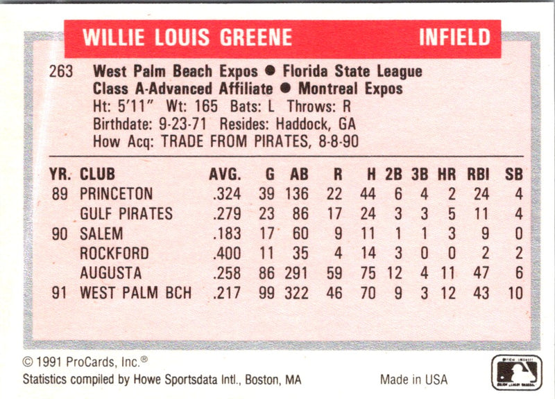 1991 ProCards Tomorrow's Heroes Willie Greene