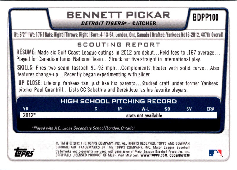 2012 Bowman Draft Picks & Prospects Chrome Bennett Pickar