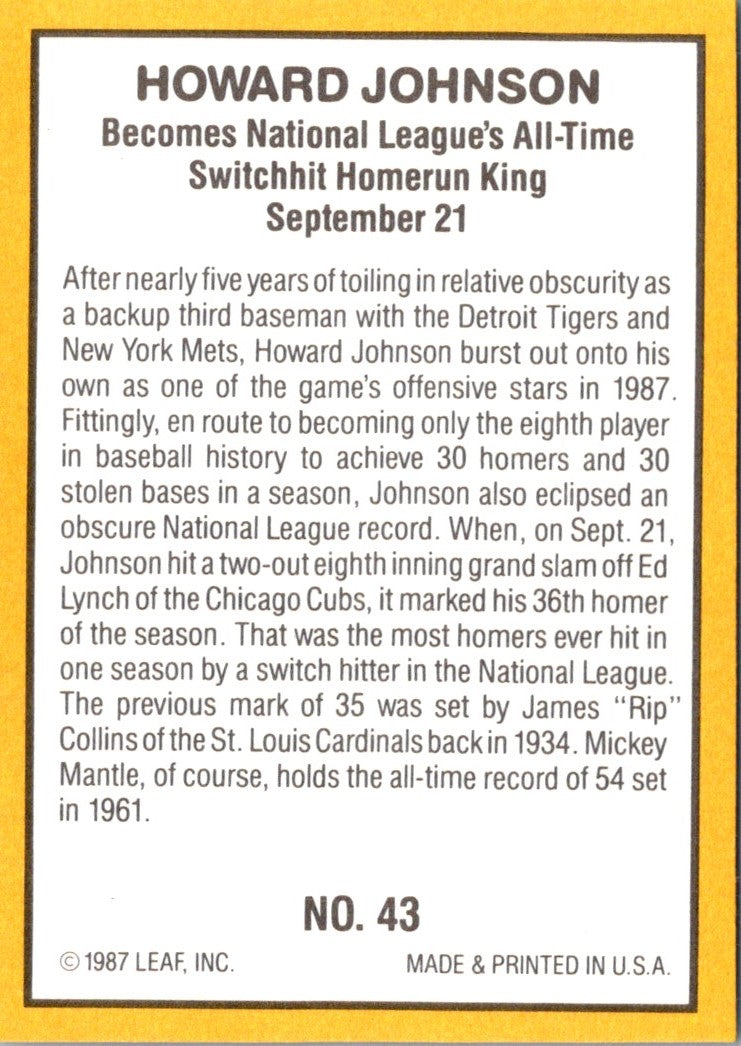 1987 Donruss Highlights Howard Johnson