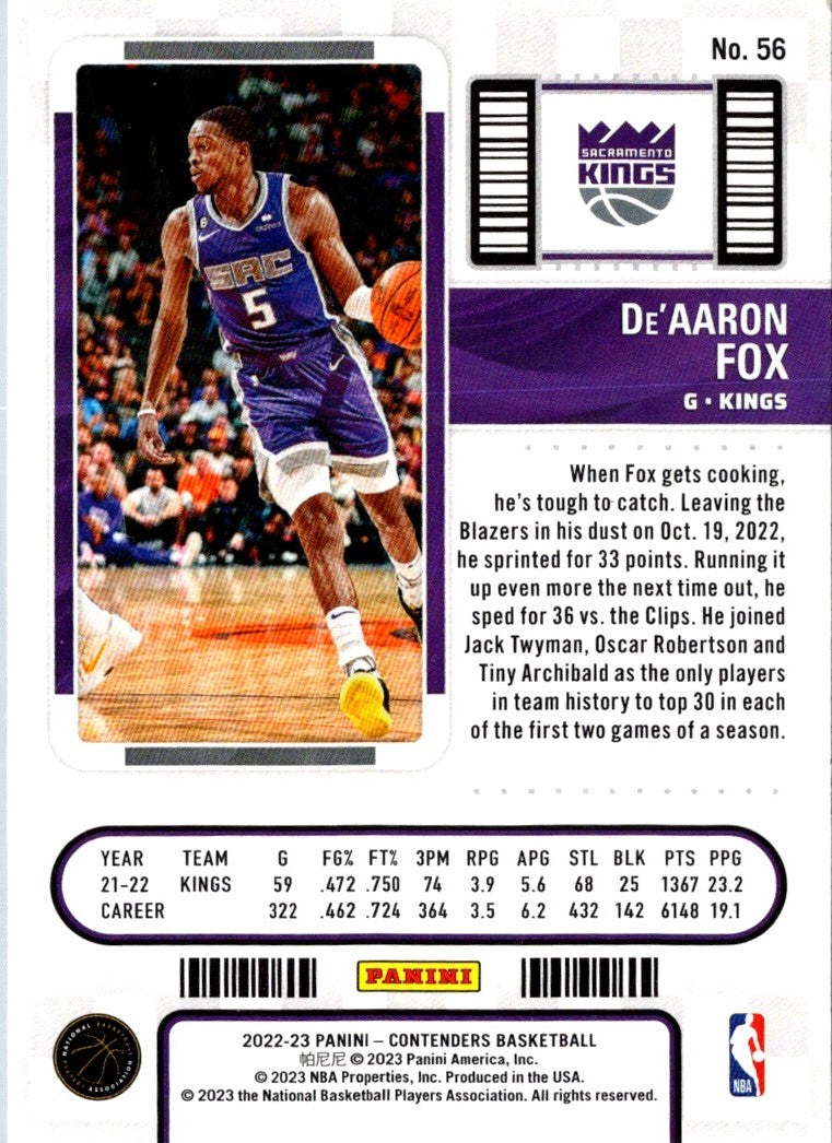 2022 Panini Contenders Season Ticket De'Aaron Fox