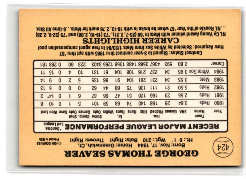 1986 Star Tom Seaver Separated Tom Seaver