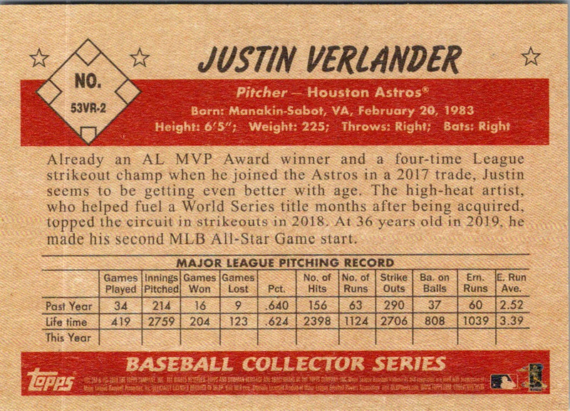 2019 Bowman Heritage Justin Verlander