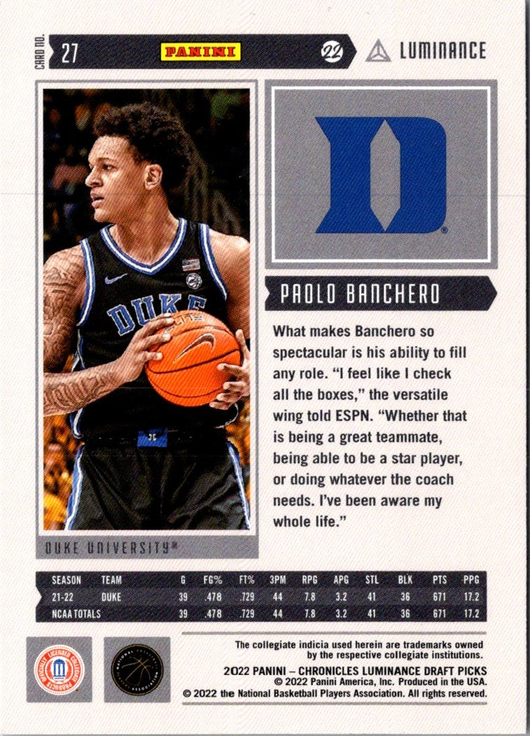 2022 Panini Chronicles Draft Picks Luminance Paolo Banchero