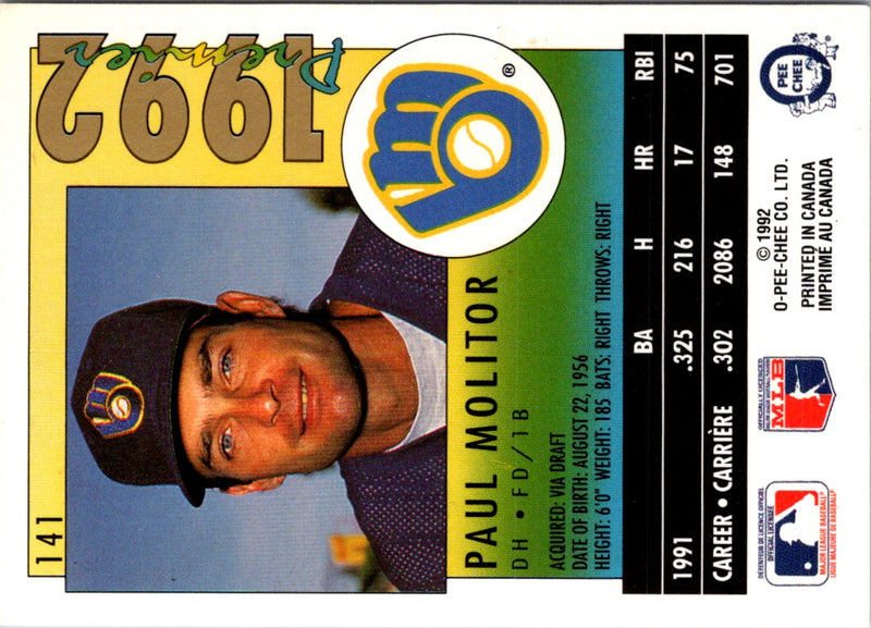 1992 O-Pee-Chee Premier Paul Molitor