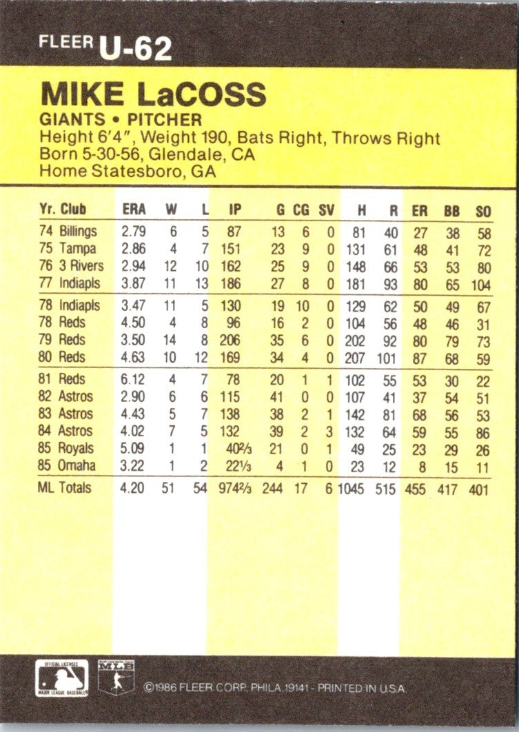 1986 Fleer Update Mike LaCoss