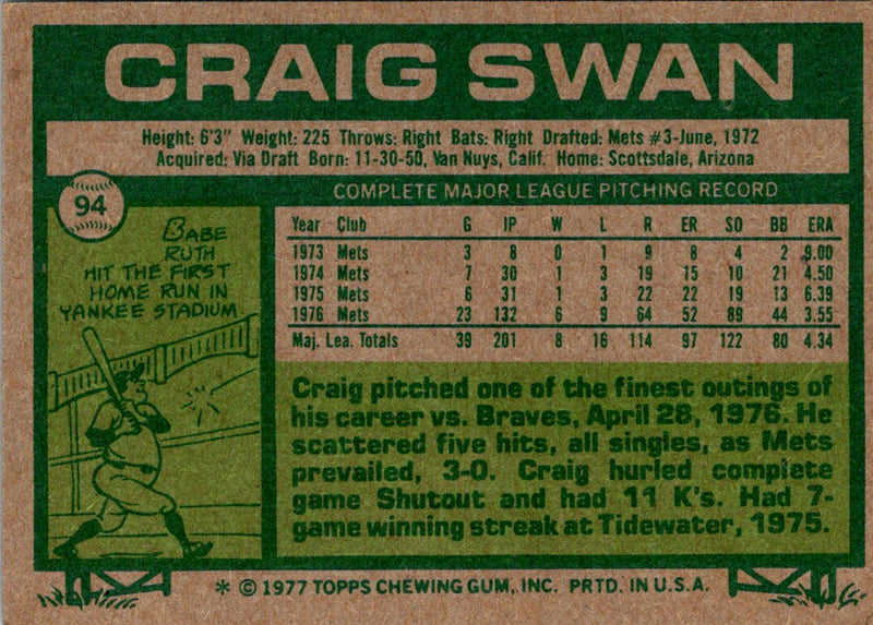 1977 Topps Craig Swan