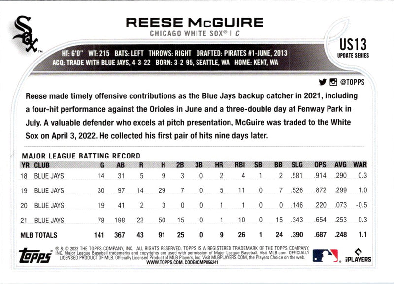 2022 Topps Update Reese McGuire