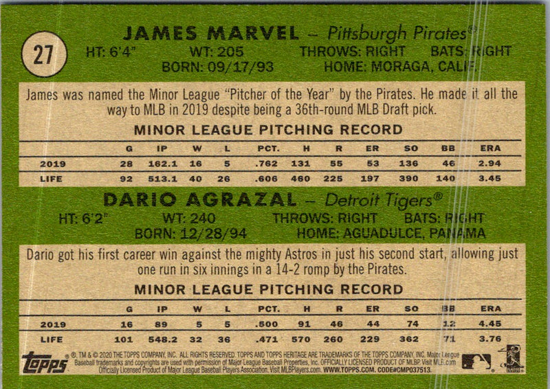 2020 Topps Heritage James Marvel/Dario Agrazal