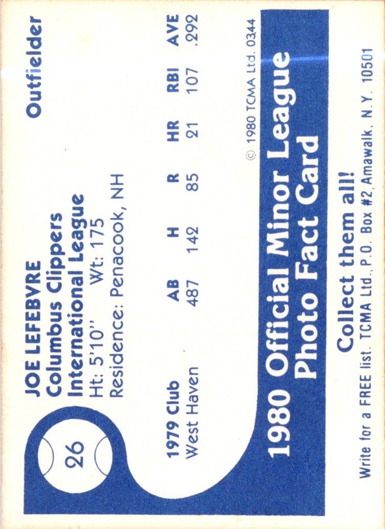 1980 TCMA Columbus Clippers Joe Lefebvre